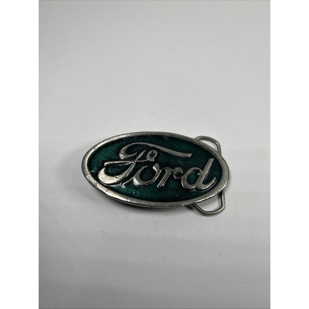 Vintage FORD Green‎ Enameled Silver Tone Belt Buckle EB82001